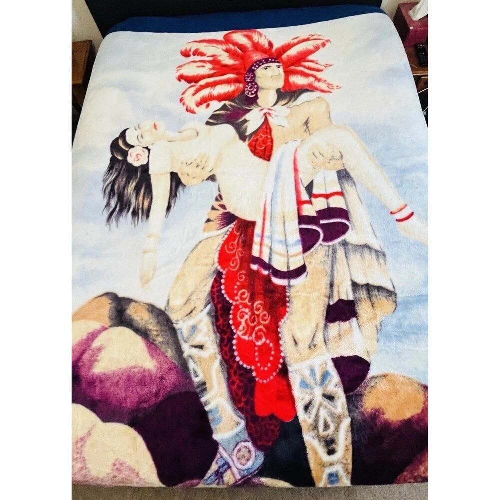 Gorgeous Plush Throw Blanket 94x82" Colorful Native American Chief Carrying Lady